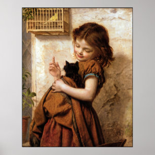 Mädchen, Kitty-Katze u. Vogel-Vintager Poster