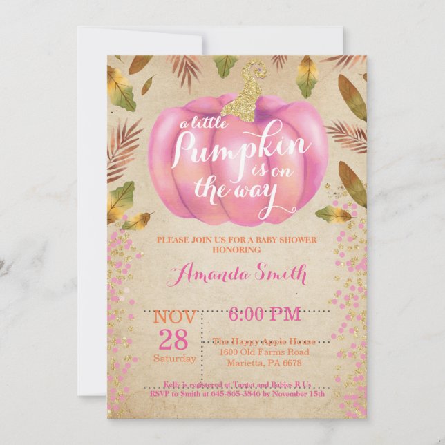 Mädchen-Kürbis-Fall-Babyparty-Einladungs-Gold Einladung (Vorderseite)