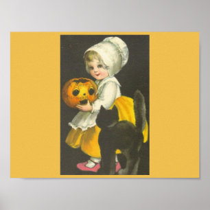 Mädchen Kürbis schwarze Katze Vintage Halloween Po Poster