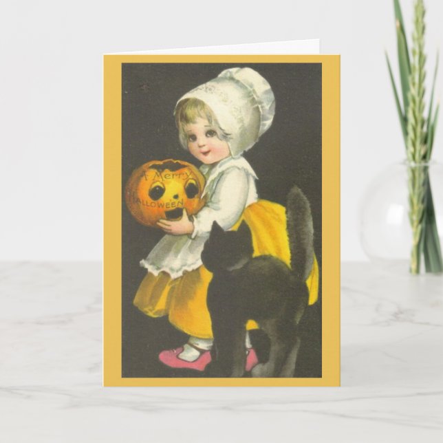 Mädchen-Kürbis-schwarze Katzen-Vintage Karte (Vorderseite)