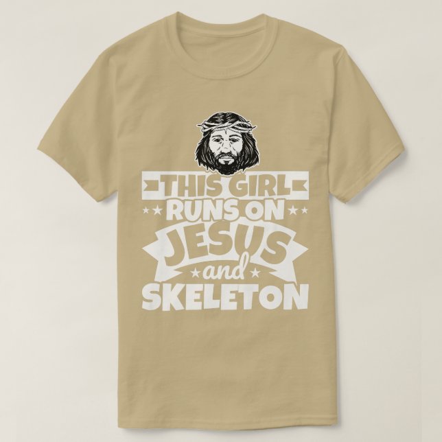 Mädchen läuft auf Jesus und Skelett  T-Shirt (Design vorne)