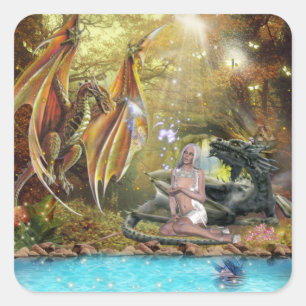 Mädchen leben mit Drachen Quadratischer Aufkleber