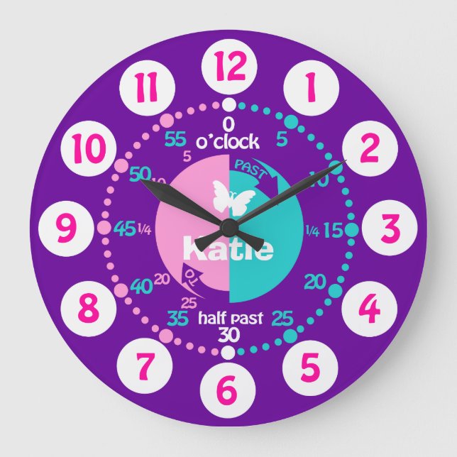 Mädchen lernen Zeit lila Namensuhr zu erzählen Große Wanduhr (Vorderseite)