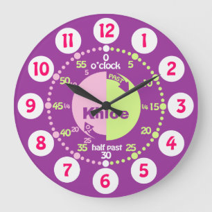 Mädchen lernen Zeit lila rosa Namensuhr zu erzähle Große Wanduhr