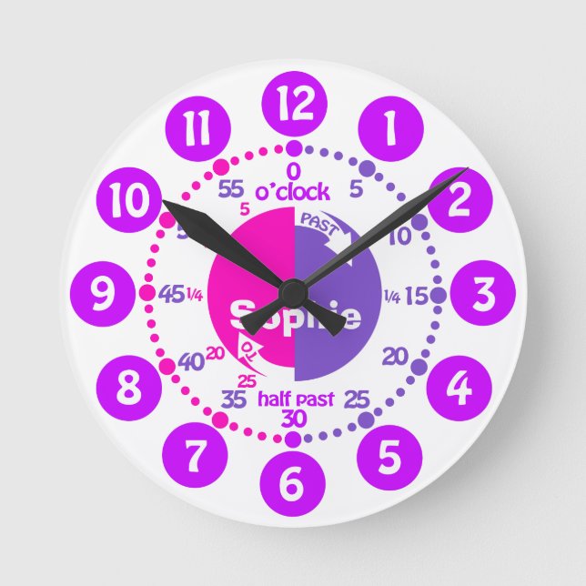 Mädchen lernen Zeitrosa Uhr lila Name zu erzählen (Vorderseite)