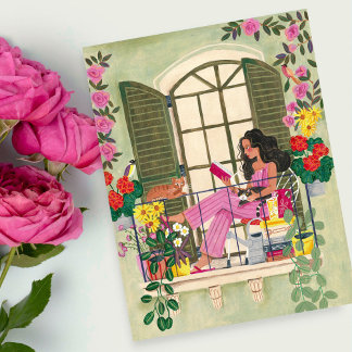 Mädchen lesen auf Sommerbalkon mit Katzen Postkarte