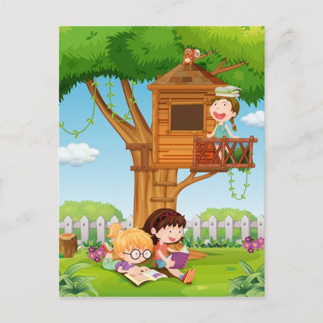 Mädchen lesen Bücher im Garten Postkarte (Vorderseite)