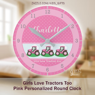 Mädchen lieben Traktoren Rosa personalisiertes Lan Runde Wanduhr