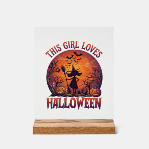 Mädchen liebt Halloween Hexe Kürbisse Fledermäuse_ Acrylschild