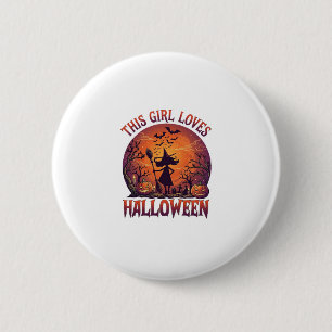 Mädchen liebt Halloween Hexe Kürbisse Fledermäuse_ Button