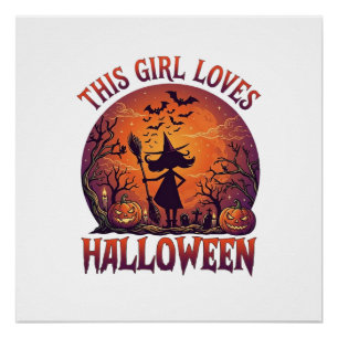 Mädchen liebt Halloween Hexe Kürbisse Fledermäuse_ Poster