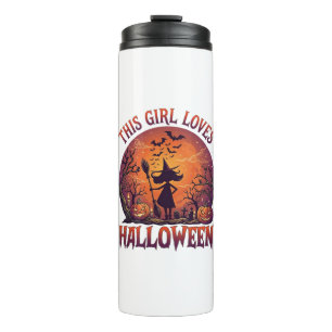 Mädchen liebt Halloween Hexe Kürbisse Fledermäuse_ Thermosbecher