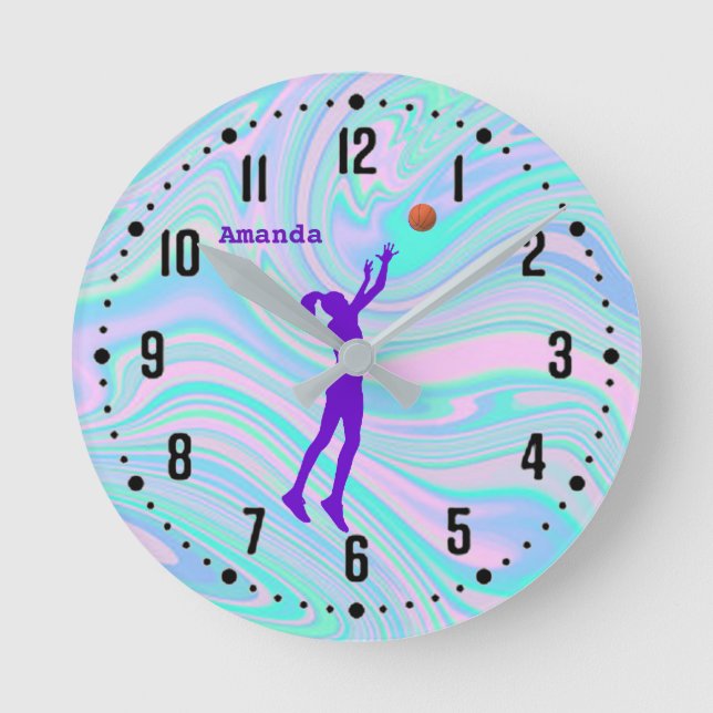 Mädchen Lila Basketball Hologram Runde Wanduhr (Vorderseite)