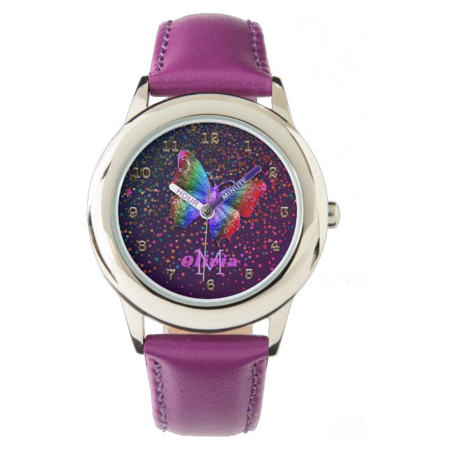 Mädchen Lila Butterfly Glitzer Personalisiert Name Armbanduhr (Vorderseite)