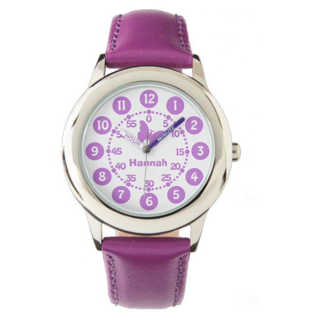 Mädchen lila und weiße personalisierte Armbanduhr (Vorderseite)