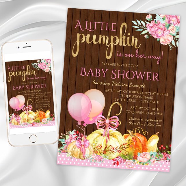 Mädchen Little Pumpkin Rustic Wood Fall Baby Dusch Einladung (Little pumpkin baby shower invitation. Instant download and printed invitations available.)