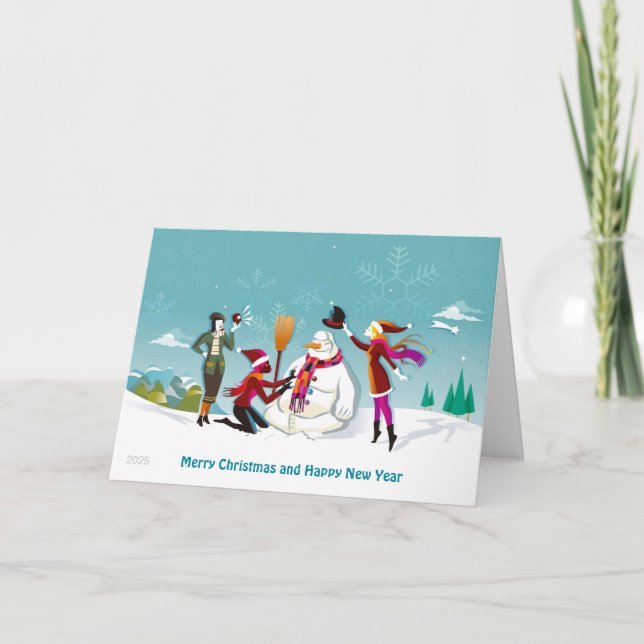 Mädchen machen Snowman Weihnachtskarte Karte (Vorderseite)