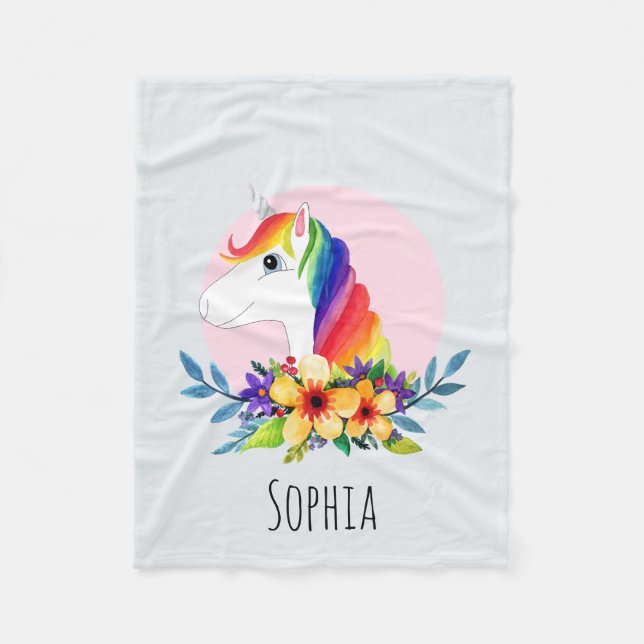 Mädchen Magischer Regenbogen Einhorn und Name Kind Fleecedecke (Vorderseite)