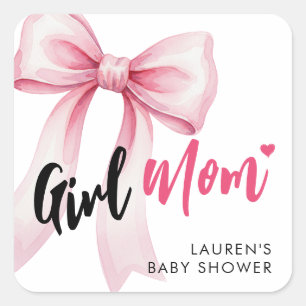 Mädchen-Mama mit rosa Schleife Süße Babyparty Quadratischer Aufkleber