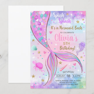 Mädchen Meerjungfrau Aquarell und Gold Geburtstag  Einladung