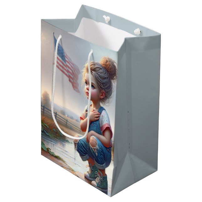 Mädchen mit amerikanischer Flagge Mittlere Geschenktüte (Vorderseite Schrägansicht)