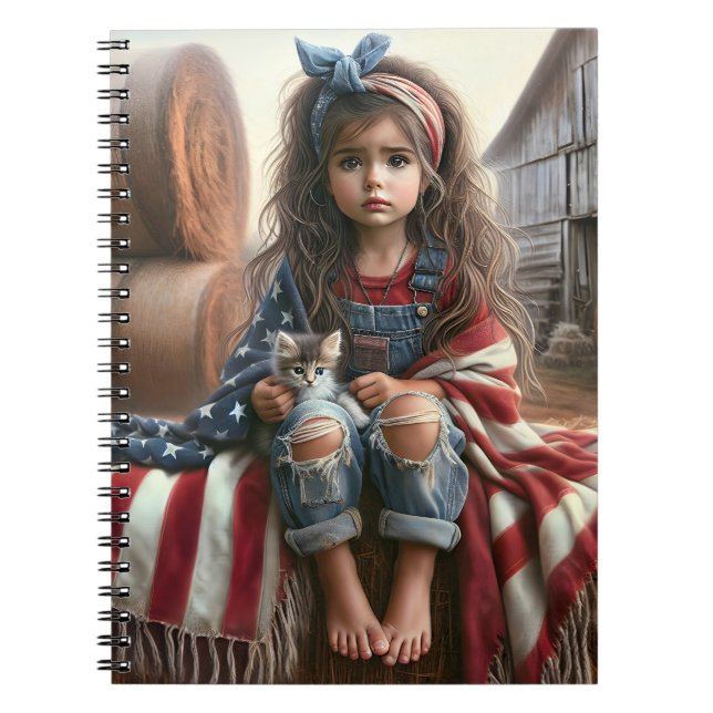 Mädchen mit amerikanischer Flagge und Kitten Notizblock (Vorderseite)