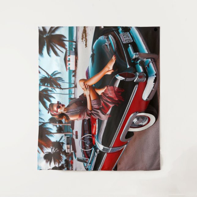 Mädchen mit Auto Wandteppich (Vorderseite)