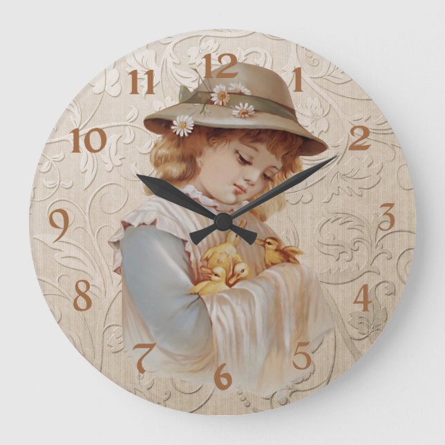 Mädchen mit Baby Ducks Große Wanduhr (Vorderseite)