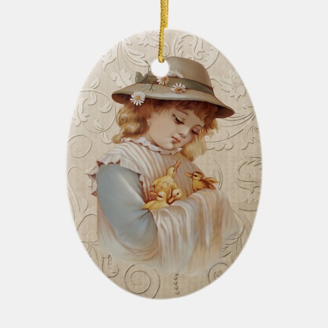 Mädchen mit Baby Ducks Keramik Ornament (Vorne)