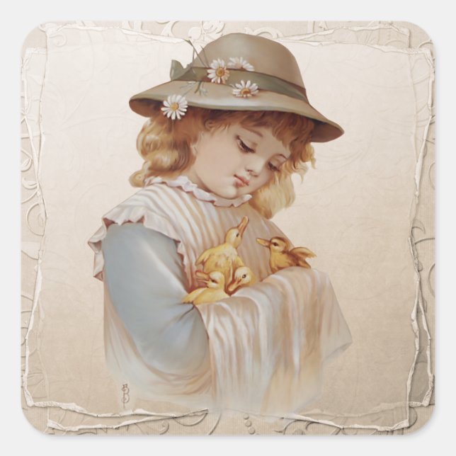 Mädchen mit Baby Ducks Quadratischer Aufkleber (Vorderseite)