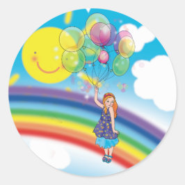 Mädchen mit Ballons auf dem Hintergrund von Regenb Runder Aufkleber
