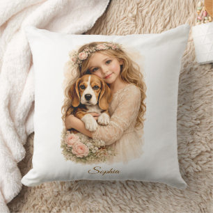 Mädchen mit Beagle-Welpe Kissen