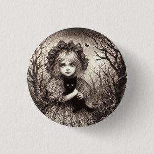 Mädchen mit Black Kitten Spooky Retro Halloween Button