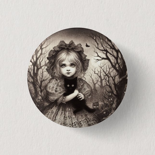 Mädchen mit Black Kitten Spooky Retro Halloween Button (Vorderseite)