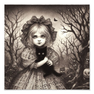 Mädchen mit Black Kitten Spooky Retro Halloween Fotodruck