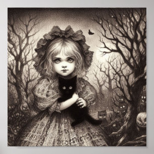 Mädchen mit Black Kitten Spooky Retro Halloween Poster