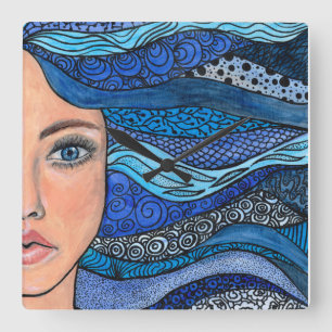 Mädchen mit blauem Haar Acrylic Kunsthandwerk Quadratische Wanduhr