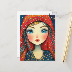 Mädchen mit blauen Augen, gekleidet in Rot und Bla Postkarte