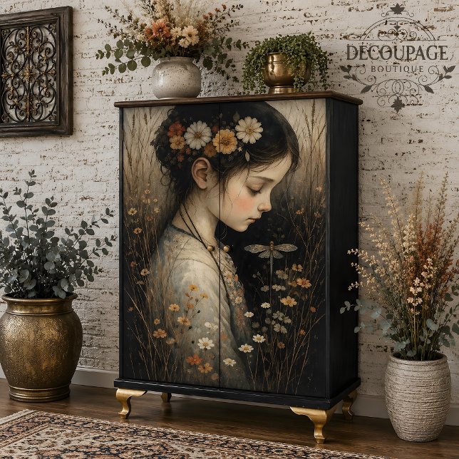 Mädchen mit Blume & Dragonfly-Decoupage Seidenpapier (Girl with Flowers & Dragonfly Decoupage Tissue Paper)