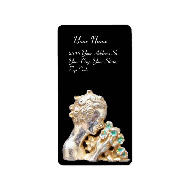 MÄDCHEN MIT BLUME, Gold, Schwarz Adressaufkleber (Vorne)