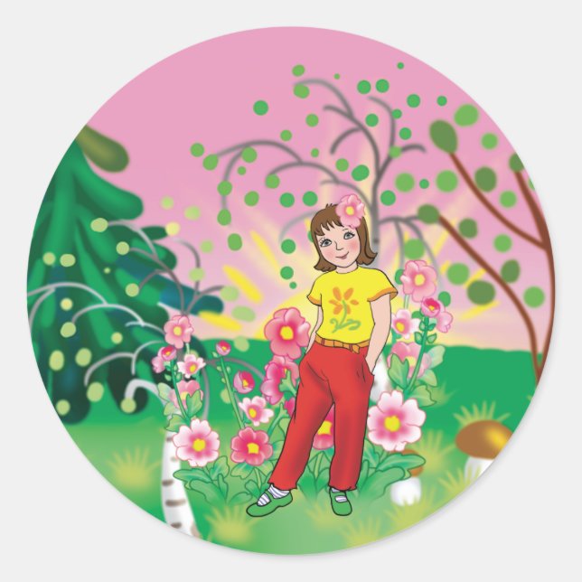 Mädchen mit Blume im Hintergrund Runder Aufkleber (Vorderseite)