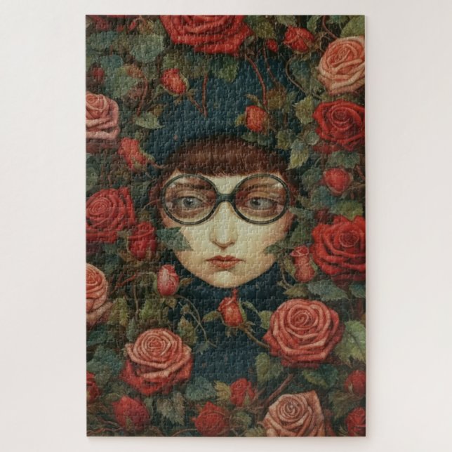 Mädchen mit Brille, umgeben von Rose (Vertikal)