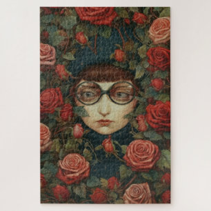 Mädchen mit Brille, umgeben von Rosen