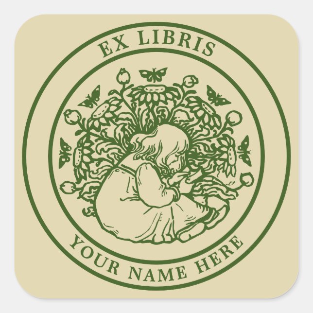 Mädchen mit Buch & Katze Ex Libris Vorlage Quadratischer Aufkleber (Vorderseite)
