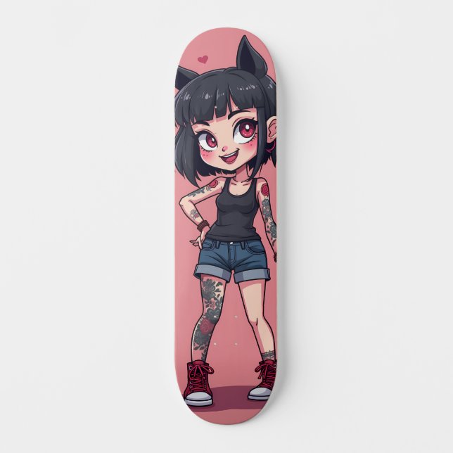 Mädchen mit Cartoon-Tattoos Skateboard (Vorderseite)