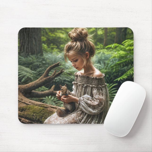Mädchen mit Eichhörnchen im Wald Mousepad (Mit Mouse)