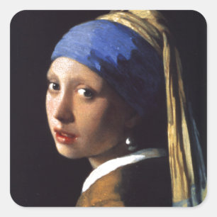 Mädchen mit einem Perlen-Ohrring, durch Vermeer Quadratischer Aufkleber