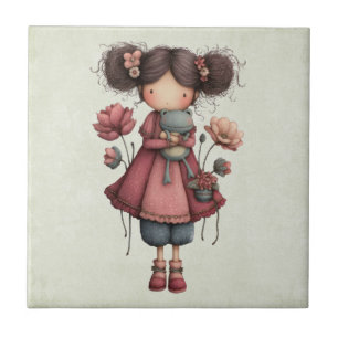 Mädchen mit einer Froschpuppe Niedlich Whimsical Fliese