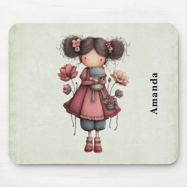 Mädchen mit einer Froschpuppe Niedlich Whimsical Mousepad (Vorne)