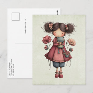 Mädchen mit einer Froschpuppe Niedlich Whimsical Postkarte